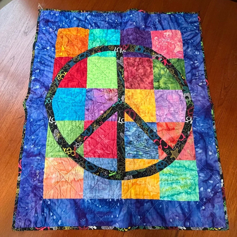 Handmade Batik Patchwork Rainbow Peace Sign Quilted Wall Hanging 28x28 Groovy